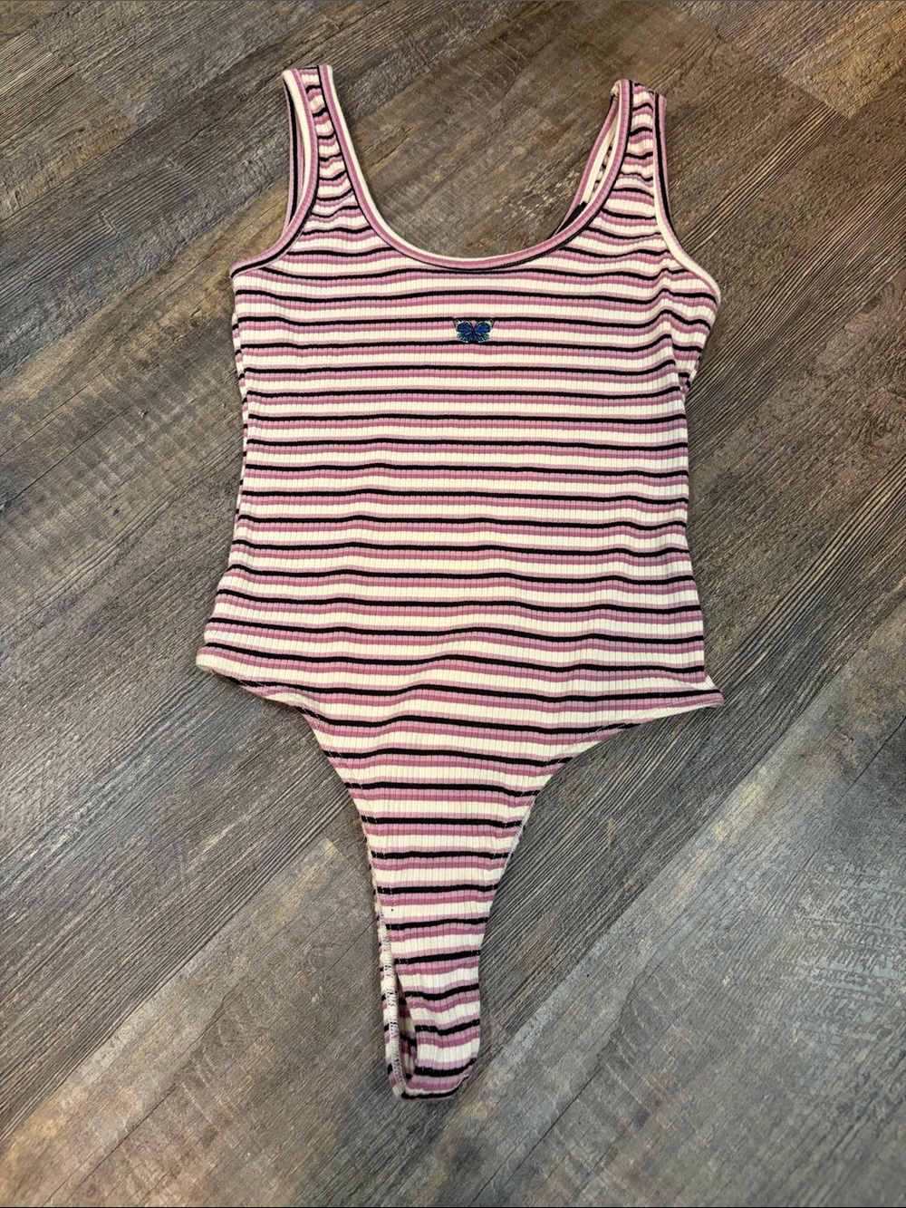 Polly & Esther Pink and White Striped Ribbed Bodysuit